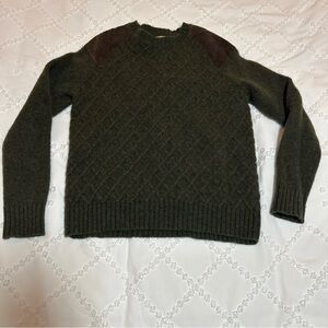 VINTAGE Men's Dark Green Sweater with Brown Corduroy Shoulder Patches